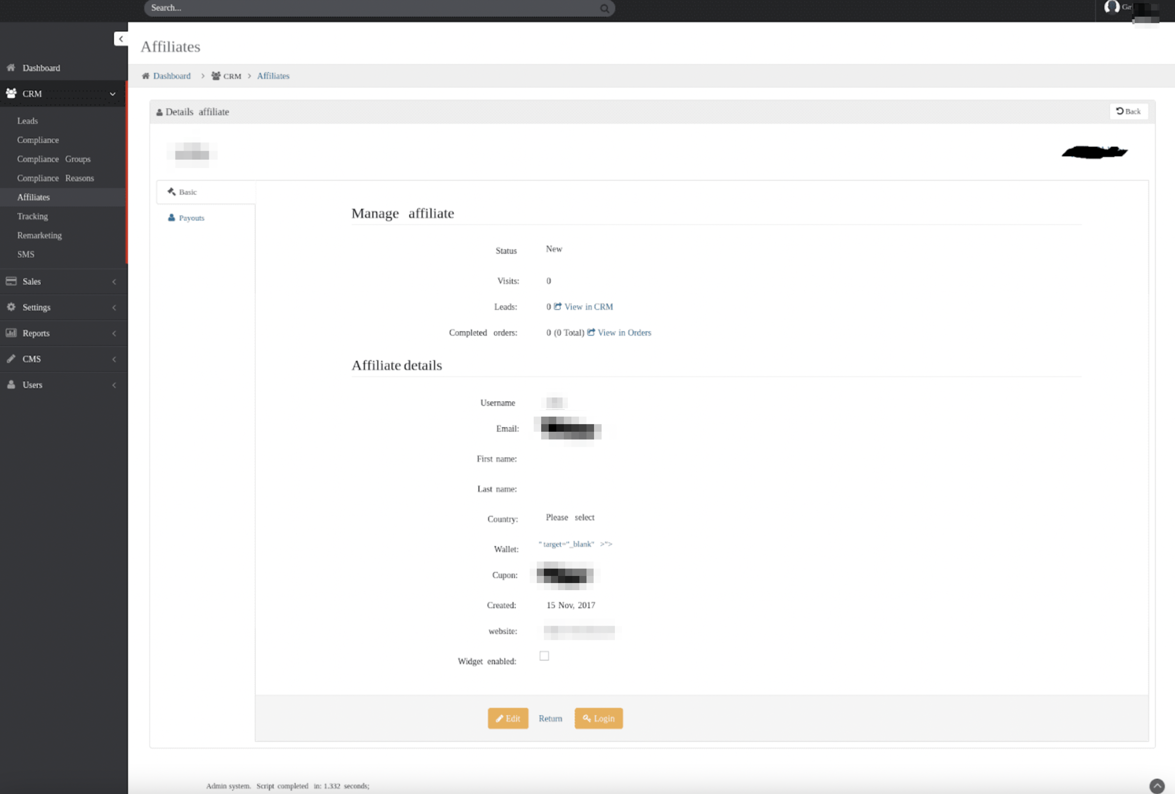 A view of an admin panel from blind XSS callback